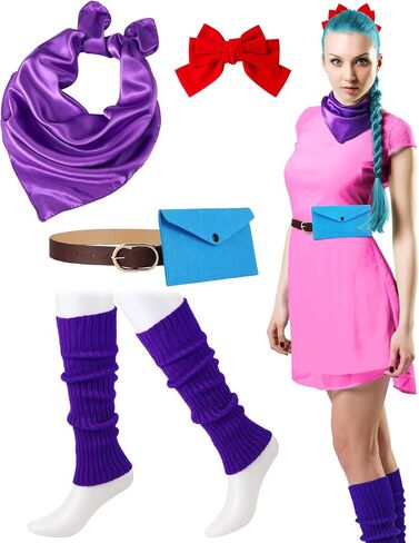 Geyoga 5 Pcs Halloween Costume Accessory Women Cosplay Costume Include Purple Neckerchief, Leg Warmers, Red Bow Hairpin, Brown Leather Belt, Blue Felt Pouch for Women Girl Anime Halloween Cosplay in Saudi Arabia