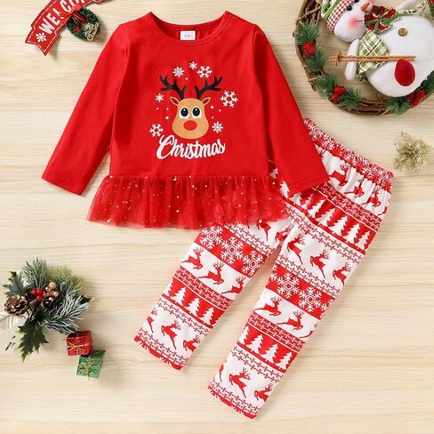الأصغر سنا شجرة عيد الميلاد الفتيات الصغيرات ملابس طويلة الأكمام تزلف القمم + الأحمر منقوشة السراويل الرنة الملابس مجموعات 2 قطعة in Kuwait
