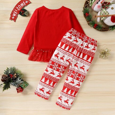 الأصغر سنا شجرة عيد الميلاد الفتيات الصغيرات ملابس طويلة الأكمام تزلف القمم + الأحمر منقوشة السراويل الرنة الملابس مجموعات 2 قطعة in Kuwait