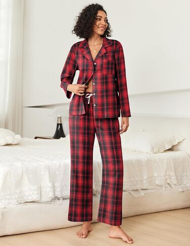 Ekouaer Pajamas Set for Womens 2 Piece Cotton Plaid Loungewear Long Sleeve Sleepwear Soft Button Down Shirts Pjs with Pockets in Saudi Arabia