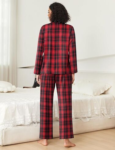 Ekouaer Pajamas Set for Womens 2 Piece Cotton Plaid Loungewear Long Sleeve Sleepwear Soft Button Down Shirts Pjs with Pockets in Saudi Arabia