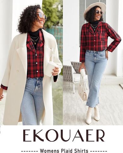 Ekouaer Pajamas Set for Womens 2 Piece Cotton Plaid Loungewear Long Sleeve Sleepwear Soft Button Down Shirts Pjs with Pockets in Saudi Arabia