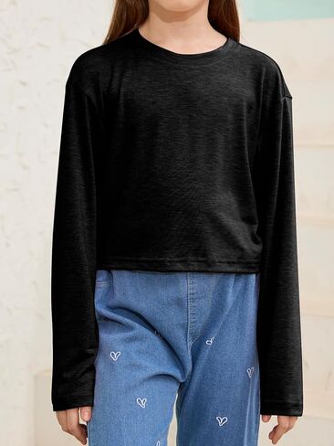 Girls Long Sleeve Crop Tops Kids Fashion Loose Crew Neck Cropped T-Shirts Casual Basic Tees in Saudi Arabia