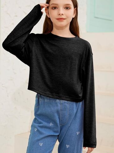 Girls Long Sleeve Crop Tops Kids Fashion Loose Crew Neck Cropped T-Shirts Casual Basic Tees in Saudi Arabia