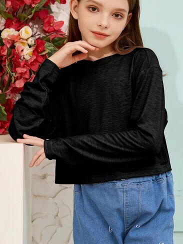 Girls Long Sleeve Crop Tops Kids Fashion Loose Crew Neck Cropped T-Shirts Casual Basic Tees in Saudi Arabia