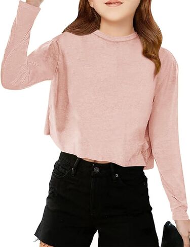 Girls Long Sleeve Crop Tops Kids Fashion Loose Crew Neck Cropped T-Shirts Casual Basic Tees in Saudi Arabia