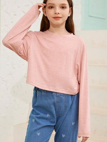 Girls Long Sleeve Crop Tops Kids Fashion Loose Crew Neck Cropped T-Shirts Casual Basic Tees in Saudi Arabia