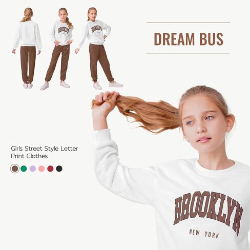 ملابس بطبعة حروف من DREAM BUS Girl، سويت شيرت وسروال بكتف منسدل مع جيوب للفتيات، مجموعة سراويل الخريف للفتيات من توين in Kuwait