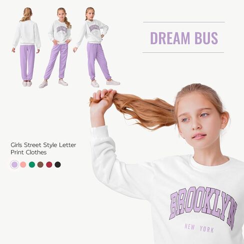 ملابس بطبعة حروف من DREAM BUS Girl، سويت شيرت وسروال بكتف منسدل مع جيوب للفتيات، مجموعة سراويل الخريف للفتيات من توين in Kuwait