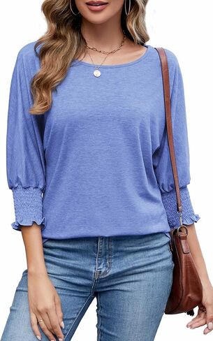 Neineiwu المرأة بلوزات الموضة 3/4 كم طاقم الرقبة تي شيرت عادية فضفاض الأساسية الأعمال تيز البلوزات in Kuwait