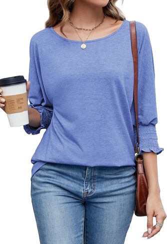 Neineiwu المرأة بلوزات الموضة 3/4 كم طاقم الرقبة تي شيرت عادية فضفاض الأساسية الأعمال تيز البلوزات in Kuwait