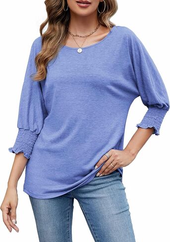 Neineiwu المرأة بلوزات الموضة 3/4 كم طاقم الرقبة تي شيرت عادية فضفاض الأساسية الأعمال تيز البلوزات in Kuwait