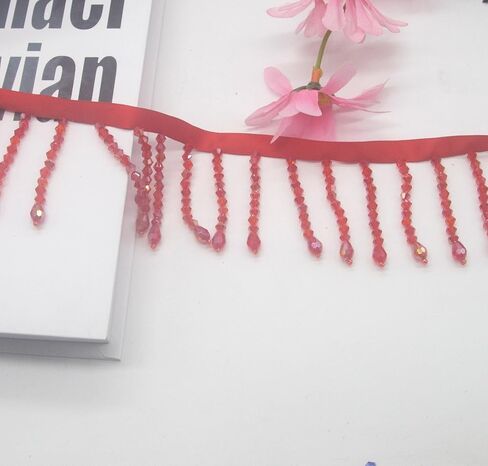 2 Yards Crystal Beaded Fringe Trim Lace Ribbon Tassel for Curtain Lamp Shade Dress Clothes Wedding Decoration DIY (Red) in Saudi Arabia