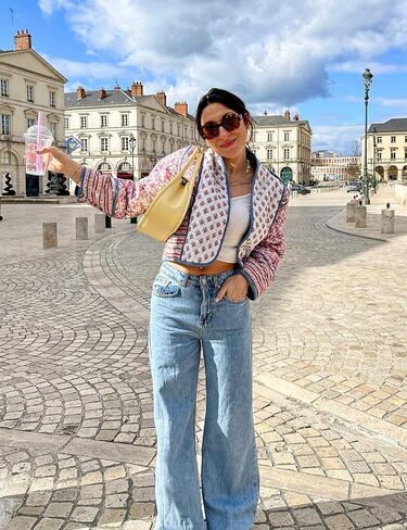 OPCAKM Women's Cropped Floral Print Quilted Jacket Lightweight Coats Open Front Puffer Outerwear in Kuwait