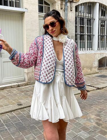 OPCAKM Women's Cropped Floral Print Quilted Jacket Lightweight Coats Open Front Puffer Outerwear in Kuwait