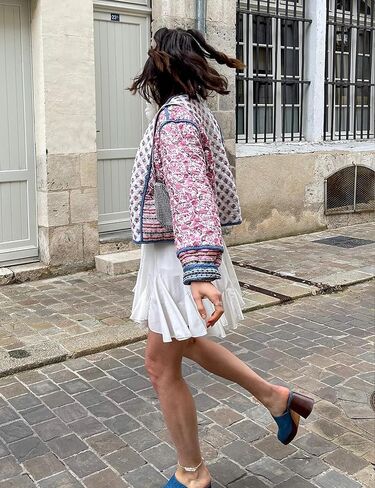 OPCAKM Women's Cropped Floral Print Quilted Jacket Lightweight Coats Open Front Puffer Outerwear in Kuwait