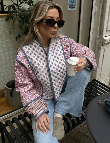 OPCAKM Women's Cropped Floral Print Quilted Jacket Lightweight Coats Open Front Puffer Outerwear in Kuwait