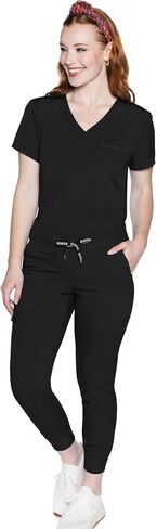 Med Couture Women's Scrub Set with V- Neck Scrub Top MC7448 and 2-Way Stretch Pants 7710, Black - XL Top/XL Petite Pant in Saudi Arabia