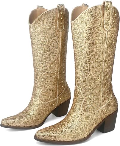 Women’s Rhinestone Cowboy Boots Mid Calf Pointed Toe Sparkly Block Heel Cowgirl Boots with Pull On Tabs in Saudi Arabia