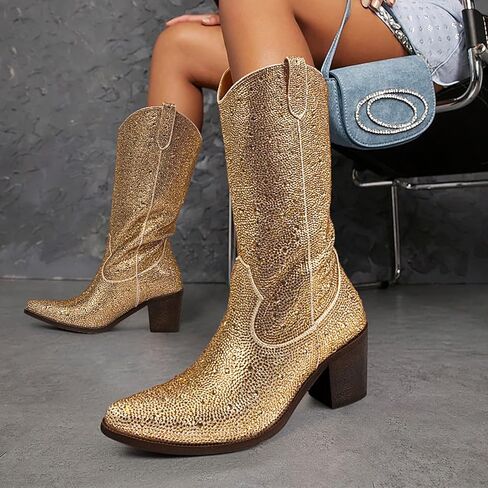 Women’s Rhinestone Cowboy Boots Mid Calf Pointed Toe Sparkly Block Heel Cowgirl Boots with Pull On Tabs in Saudi Arabia