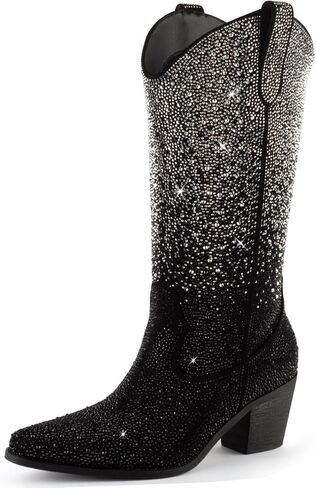 Women’s Rhinestone Cowboy Boots Mid Calf Pointed Toe Sparkly Block Heel Cowgirl Boots with Pull On Tabs in Saudi Arabia