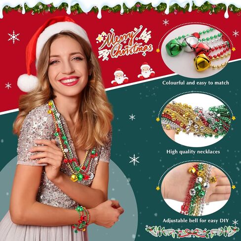 Sumind 48 Pcs Christmas Jingle Bell Beads Necklace Red Green Gold Silver Christmas Gift Festivals Mardi Gras Beads for Craft Holiday Party Supplies in Saudi Arabia