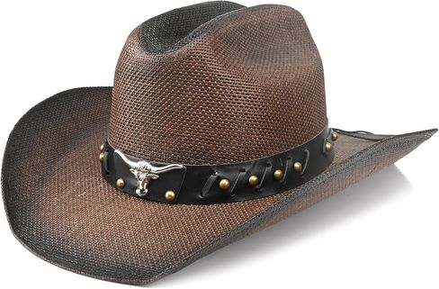 Retro Cowgirl Hats Western Straw hat,Mens Womens Cowboy Hat with Metal Texture,Bull Head Badge Hats in Saudi Arabia