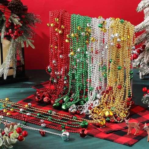 Sumind 48 Pcs Christmas Jingle Bell Beads Necklace Red Green Gold Silver Christmas Gift Festivals Mardi Gras Beads for Craft Holiday Party Supplies in Saudi Arabia