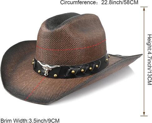 Retro Cowgirl Hats Western Straw hat,Mens Womens Cowboy Hat with Metal Texture,Bull Head Badge Hats in Saudi Arabia