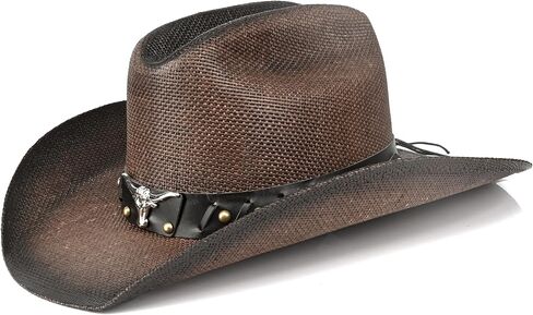 Retro Cowgirl Hats Western Straw hat,Mens Womens Cowboy Hat with Metal Texture,Bull Head Badge Hats in Saudi Arabia