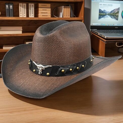 Retro Cowgirl Hats Western Straw hat,Mens Womens Cowboy Hat with Metal Texture,Bull Head Badge Hats in Saudi Arabia