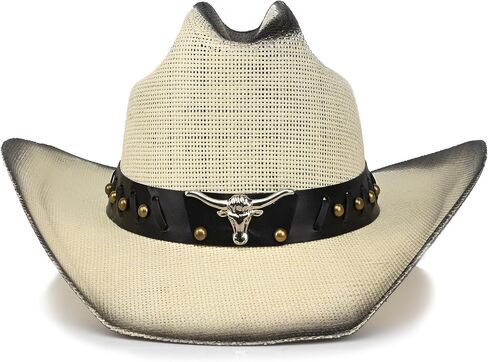 Retro Cowgirl Hats Western Straw hat,Mens Womens Cowboy Hat with Metal Texture,Bull Head Badge Hats in Saudi Arabia