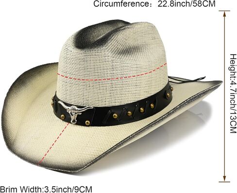 Retro Cowgirl Hats Western Straw hat,Mens Womens Cowboy Hat with Metal Texture,Bull Head Badge Hats in Saudi Arabia