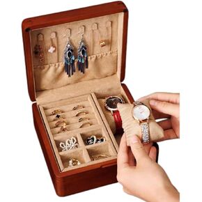 2 Layer Solid Walnut Wooden Jewelry Box with Lock and Key for Women Men Vintage Velvet Wood Jewelry Organizer Storage for Earrings Rings Necklaces Bracelet Watch Mothers Day Gift