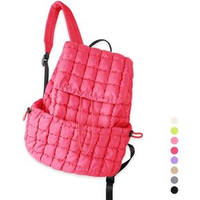 izuzta Quilted Puffer Backpack for Women, Lightweight Soft Nylon Quilted Hiker Pack Top Flap Drawstring Backpack, Trendy Puffy Padding Gym Backpack Travel Bag for Casual Daypack Hiking Sport(Black)
