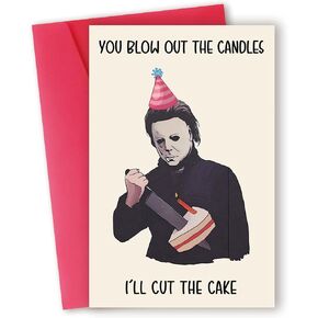 Creepy Michael Myers Birthday Card, Horror Halloween Birthday Gifts Card for Men Women, Michael l'll cut the Cake Decorations, Scary Movies Killer
