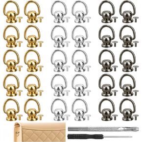 32 PCS Brass Ball Studs Rivets D Ring, Crossbody Conversion Kit, 360°rotatable Leather Handbag Hardware, Brass Rivets Purse Ball Stud for DIY Leather, Belt Handbag Ware, Rivets Ect-Gold Silver Black