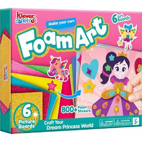 Klever Kits Foam Art Kit for Kids, EVA Foam Stickers with 6 Art Board and 800+ Stickers, DIY Arts and Crafts for Boys Girls Age 3+, Unicorns & Princesses Birthday Gifts Travel Toy