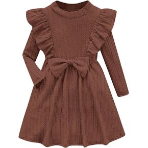 Girls Long Sleeve Ruffle Dresses Solid Ribbed Knit Fall Winter Dresses for Toddler Casual Bowknot Dresses 2-6 Years in Kuwait