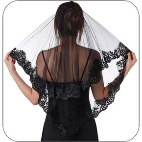 Black Lace Wedding Veil 2 Tier Fingertip Veils for Brides Short Ribbon Edge Veils for Halloween Pencil Edge Veil Bow in Kuwait