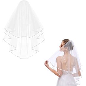 White Wedding Veil Short Bridal White Veil 2 Tier Wedding Veil Tulle with Comb Satin Edge Wedding Veil for Bachelorette Party Bridal Shower Wedding Engagement