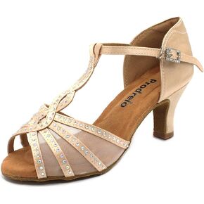 Women's Mesh Dance Shoes,Nude Satin Salsa Latin Swing Ballroom Shoes with Rhinestones,T-Strap,Open-Toe,for Ball/Wedding/Party/Formal