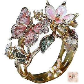 Butterfly Rings For Women, Gold Flower Plated Vintage Ring Adjustable Statement Dainty Unique Ring Pink Love Butterfly Ring Christmas Birthday Anniversary Jewelry Gift