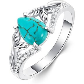 Real Turquoise Rings Jewelry for Women 925 Sterling Silver Leaf with Genuine Teardrop Gemstone Anniversary Ring with CZ for Her Wife