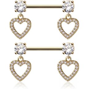 Pierced Owl 14GA 316L Stainless Steel Prong Set CZ Crystal with Dangling Heart Nipple Barbells, Sold as a Pair