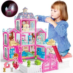 بيت الدمى، بيوت الدمى مع ضوء ليلي، مجموعة لعب بيوت الدمى مع الأثاث والإكسسوارات، مجموعة بيت الدمى الأحلام المكونة من 3 طوابق و8 غرف، مجموعة بيوت الدمى التي يمكنك صنعها بنفسك، بيوت الدمى للفتيات بعمر 3 سنوات فما فوق (وردي) in Kuwait