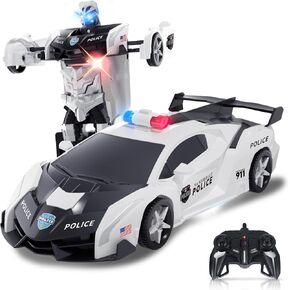 Carox Transform Remote Control Car - Transform Robot RC Car with Laser Eyes, 2.4Ghz Transforming Police Car Toy with 3D Crystal DIY Stickers, One-Button Deformation Toys for Kids