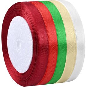 5 Rolls 125 Yards Christmas Ribbons, 10mm Wide Metallic Glitter Fabric Holiday Festival Satin Ribbons for Christmas Gift Wrapping Decoration