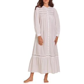 Eileen West Queen Anne's Lace Cottage Dreams Long Robe for Women, 52" Length, Baby Ruffles, Pintucks, 100% Cotton