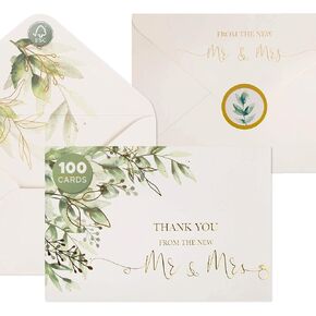 VNS Creations 100 حزمة من بطاقات شكر الزفاف مع مغلفات وملصقات - بطاقات زفاف السيد والسيدة - بطاقات شكر لحفل الزفاف - رقائق ذهبية وخضراء ملاحظات شكر